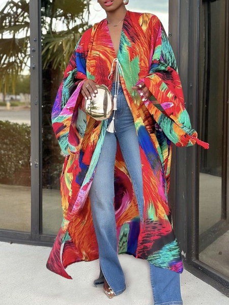 

Vacation Printing Colorblock V Neck Kimono, As picture, Kimonos