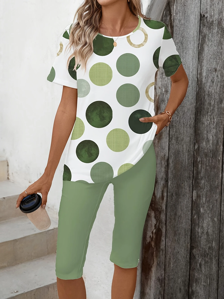 

Women Polka Dots Printing Two-Piece Set Daily Short Sleeve Casual Summer Top With Pants Matching Set, Green, Suit Set