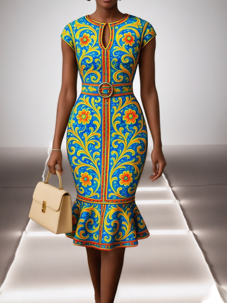 

Urban Floral Printing Crew Neck Midi Dress, As picture, Midi Dresses
