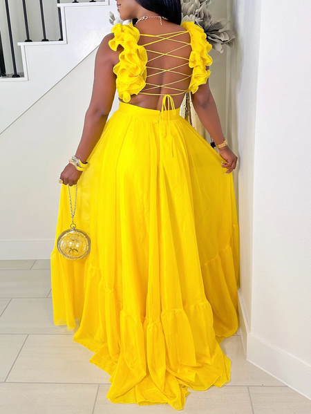 

Vacation Plain Lace Spaghetti Maxi Dress, Yellow, Maxi Dresses