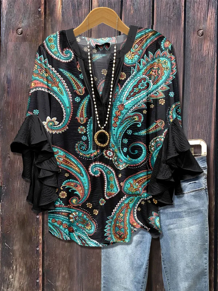 

Women Paisley Half Sleeve Shirt Summer Printing V Neck Daily Casual Top, Black, Shirts