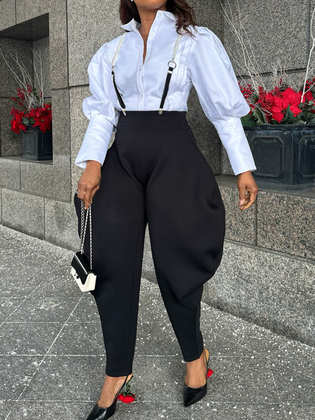 

Urban Plain Overall Bib Long Pants, Black, Jumpsuits