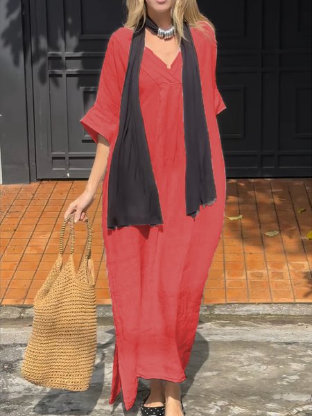 

Casual Plain V Neck Maxi Dress No Scarf, Red, Maxi Dresses