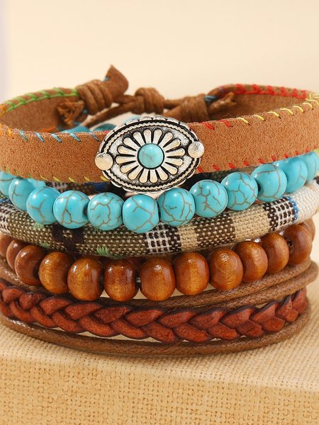 

Turquoise Summer New Hot Sale Simple Fashion Bohemian Small Flower Style Turquoise Beaded Wooden Bead Five-piece Bracelet, Multicolor, Bracelets
