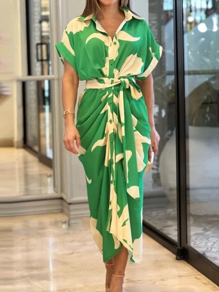 

Women Floral Half Sleeve Summer Printing Dress Shirt Collar Daily Vintage Maxi Hip Skirt A-Line Dress, Dark green, Dresses