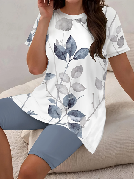 

Women Floral Printing Two-Piece Set Daily Short Sleeve Casual Summer Top With Pants Matching Set, White, Sets