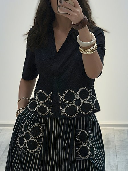 

Cotton Urban Polka Dots Embroidery V Neck Shirt, Black-white, Blouses and Shirts