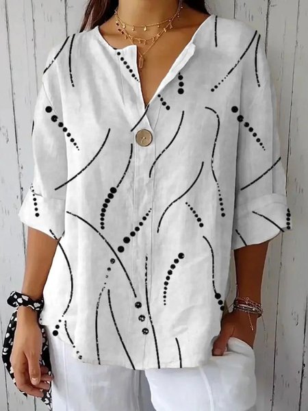 

Shawl Collar Three Quarter Sleeve Geometric Regular Loose Blouse For Women, White, Blouses