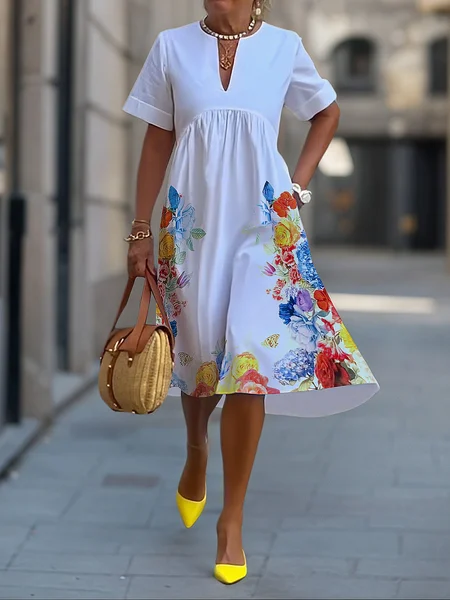 

Vacation Floral Notched Knee Length Dress, White, Midi Dresses