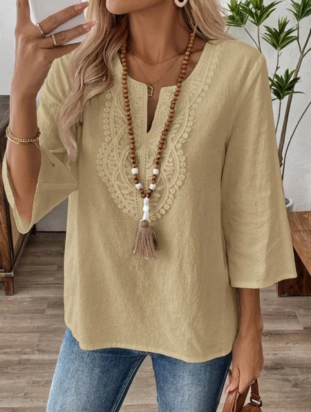 

Crew Neck Three Quarter Sleeve Plain Regular Micro-Elasticity Regular Fit Shirt For Women, Apricot, Shirts