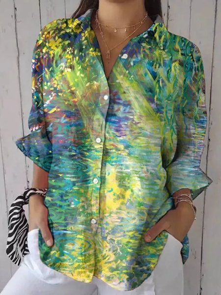 

Women's Casual Retro Forest Oil Painting Print Shirt, Green, Shirts