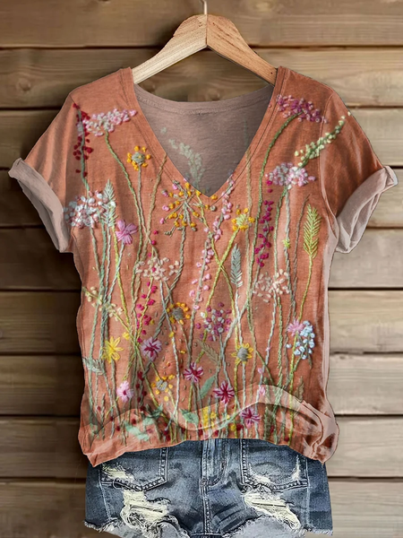 

Women Floral Short Sleeve Tee T-shirt V Neck Printing Casual Summer Graphic Tee Top, Orange pink, T-Shirts