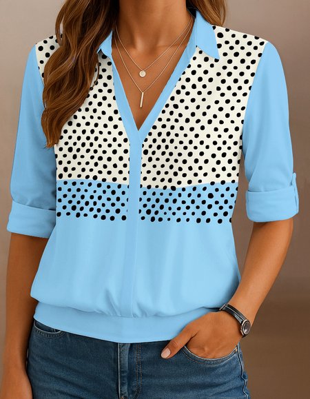

V Neck Long Sleeve Floral Regular Micro-Elasticity Regular Fit Shirt For Women, Sky blue, Shirts