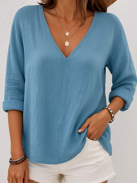 

Casual Plain V Neck Long Sleeve T-shirt, Blue, Shirts