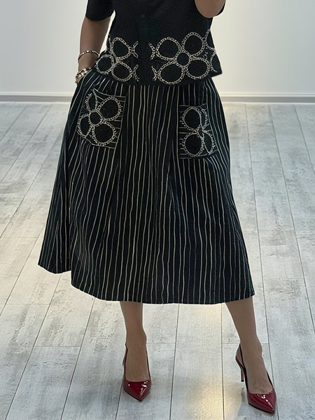 

Urban Embroidery Striped Midi Skirt, Black-white, Skirts