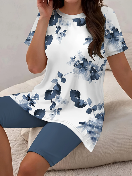 

Women Floral Printing Two-Piece Set Daily Short Sleeve Casual Summer Top With Pants Matching Set, White, Suit Set