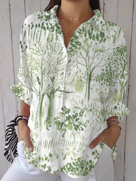 

Women's Casual Retro Forest Print Cotton Linen Shirt, White, Shirts