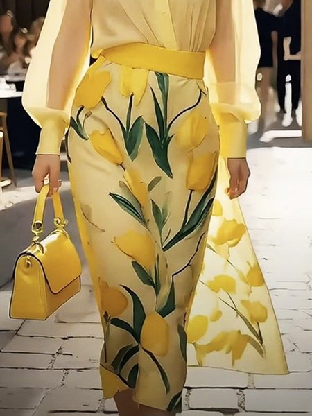 

Urban Printing Floral Midi Skirt, Yellow, Skirts