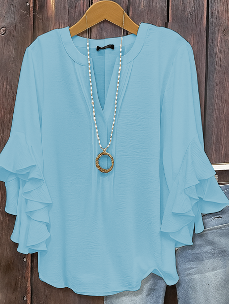 

Women Plain Half Sleeve Shirt Summer V Neck Daily Casual Top, Blue, Shirts