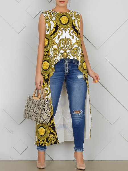 

Urban Ethnic Printing Crew Neck Blouse, As picture, Blouses and Shirts