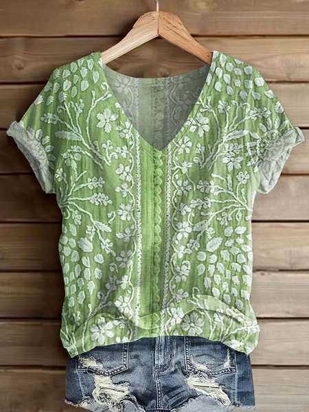 

Casual Floral V Neck Short Sleeve T-shirt, Green, T-shirts