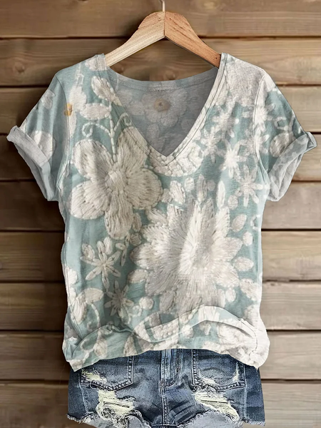 

Women Floral Short Sleeve Tee T-shirt V Neck Printing Casual Summer Graphic Tee Top, Cyan, T-Shirts