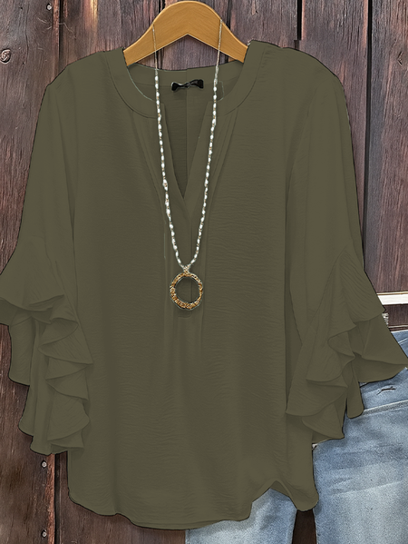 

Women Plain Half Sleeve Shirt Summer V Neck Daily Casual Top, Darkgreen, Shirts