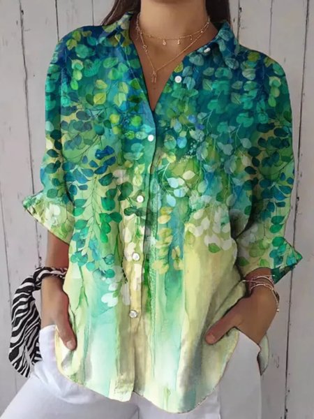 

Women's Retro Forest Trees Print Comfy Cotton Shirt, Green, Shirts