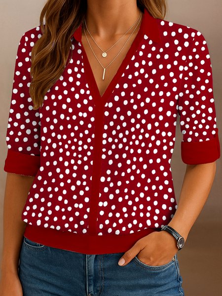 

V Neck Long Sleeve Floral Regular Micro-Elasticity Regular Fit Shirt For Women, Red, Shirts
