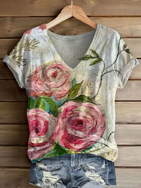 

Women Floral Short Sleeve Tee T-shirt V Neck Printing Casual Summer Graphic Tee Top, As picture, T-Shirts