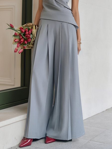 

Urban Plain Pleated Wide Leg Pants, Gray, Pants