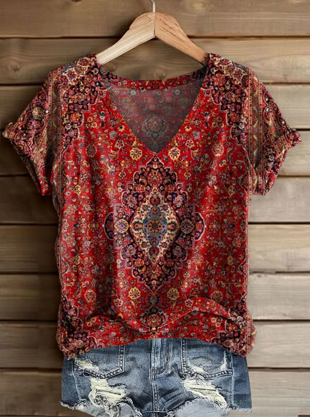 

Women Floral Short Sleeve Tee T-shirt V Neck Printing Casual Summer Graphic Tee Top, Red, T-Shirts