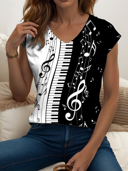 

Casual Geometric V Neck Short Sleeve T-shirt, As picture, T-shirts
