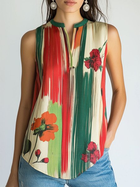 

Urban Floral Printing V Neck Tank Top, As picture, Tanks and Camis