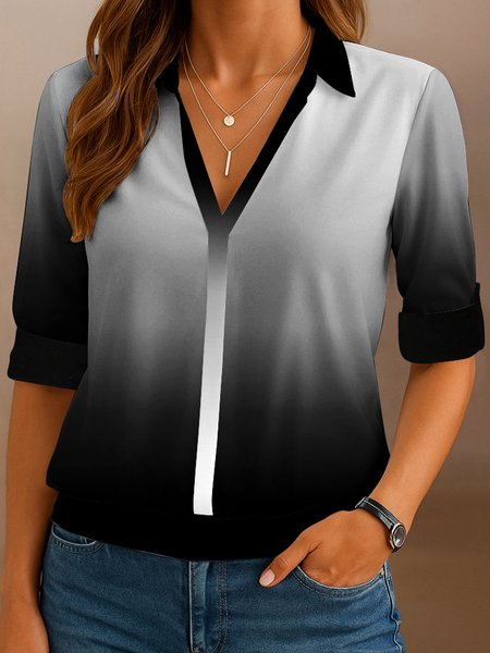 

V Neck Long Sleeve Floral Regular Micro-Elasticity Regular Fit Shirt For Women, Black, Shirts