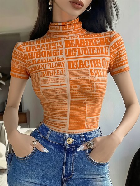 

Casual Letter Pattern Printing Mock Neck T-shirt, Orange, Tees