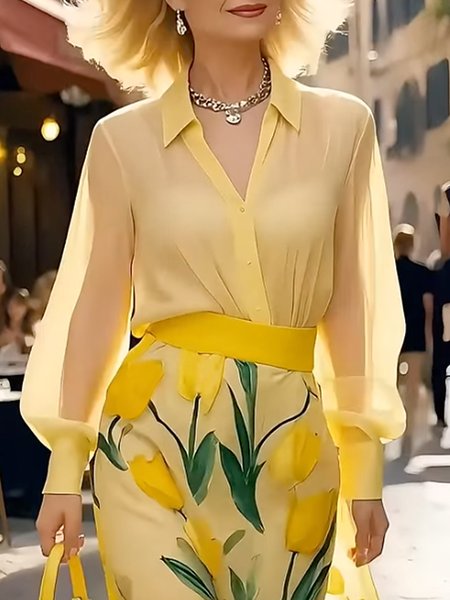 

Urban Plain Shirt Collar Shirt, Yellow, Blouses and Shirts