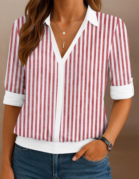 

V Neck Long Sleeve Floral Regular Micro-Elasticity Regular Fit Shirt For Women, Red, Shirts