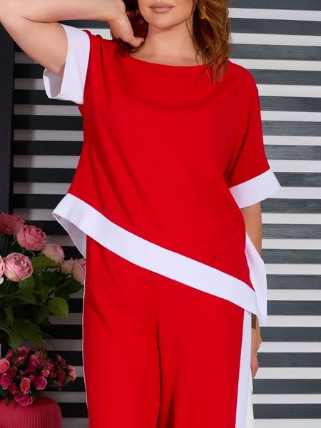 

Casual Color Block Split Joint Crew Neck Raglan Sleeves Blouse, Red, Blouses and Shirts