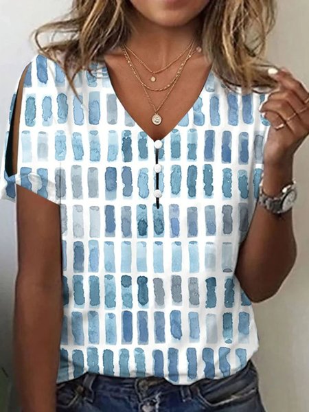 

Casual Geometric V Neck Short Sleeve T-shirt, Lake blue, T-shirts