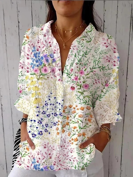 

Shirt Collar Long Sleeve Floral Regular Micro-Elasticity Regular Fit Shirt For Women, As picture, Blouses