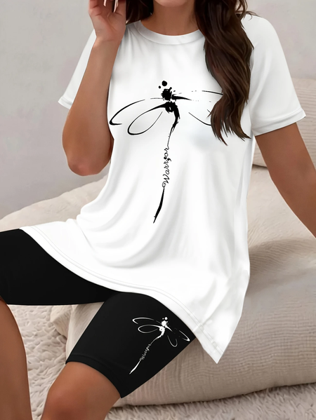 

Women Dragonfly Printing Two-Piece Set Daily Short Sleeve Casual Summer Top With Pants Matching Set, Black-white, Sets