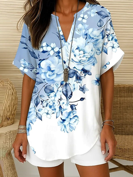 

Shawl Collar Half Sleeve Floral Regular Loose Blouse For Women, As picture, Blouses