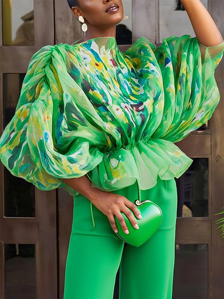 

Elegant Random Print Printing Off The Shoulder Blouse, Green, Blouses and Shirts