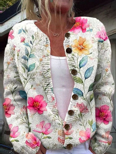 

Women Knitted 3D Printing Long Sleeve Comfy Vintage Cardigan, As picture, Cardigans