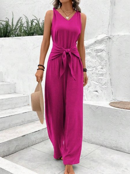 

Women Plain V Neck Sleeveless Casual Summer Jumpsuit, Deep pink, Jumpsuits&Rompers