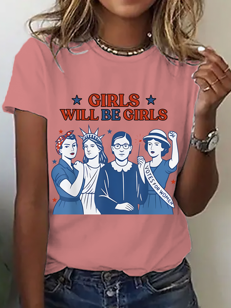 

Casual Text Letters Crew Neck Short Sleeve T-shirt, Orange pink, T-shirts