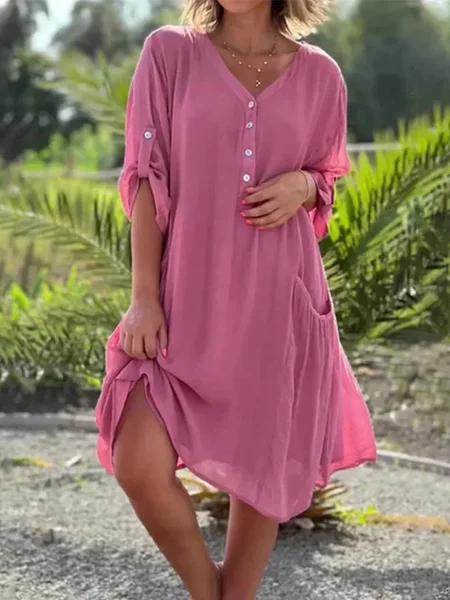 

Women Plain Spring/Fall Dress V Neck Long Sleeve A-Line Dress, Pink, Midi