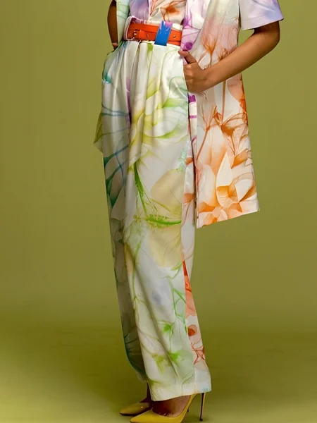 

Urban Floral Printing Wide Leg Pants No Belt, As picture, Pants
