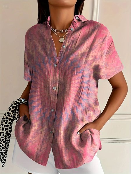 

Shirt Collar Short Sleeve Geometric Regular Micro-Elasticity Regular Fit Shirt For Women, Pink, Shirts